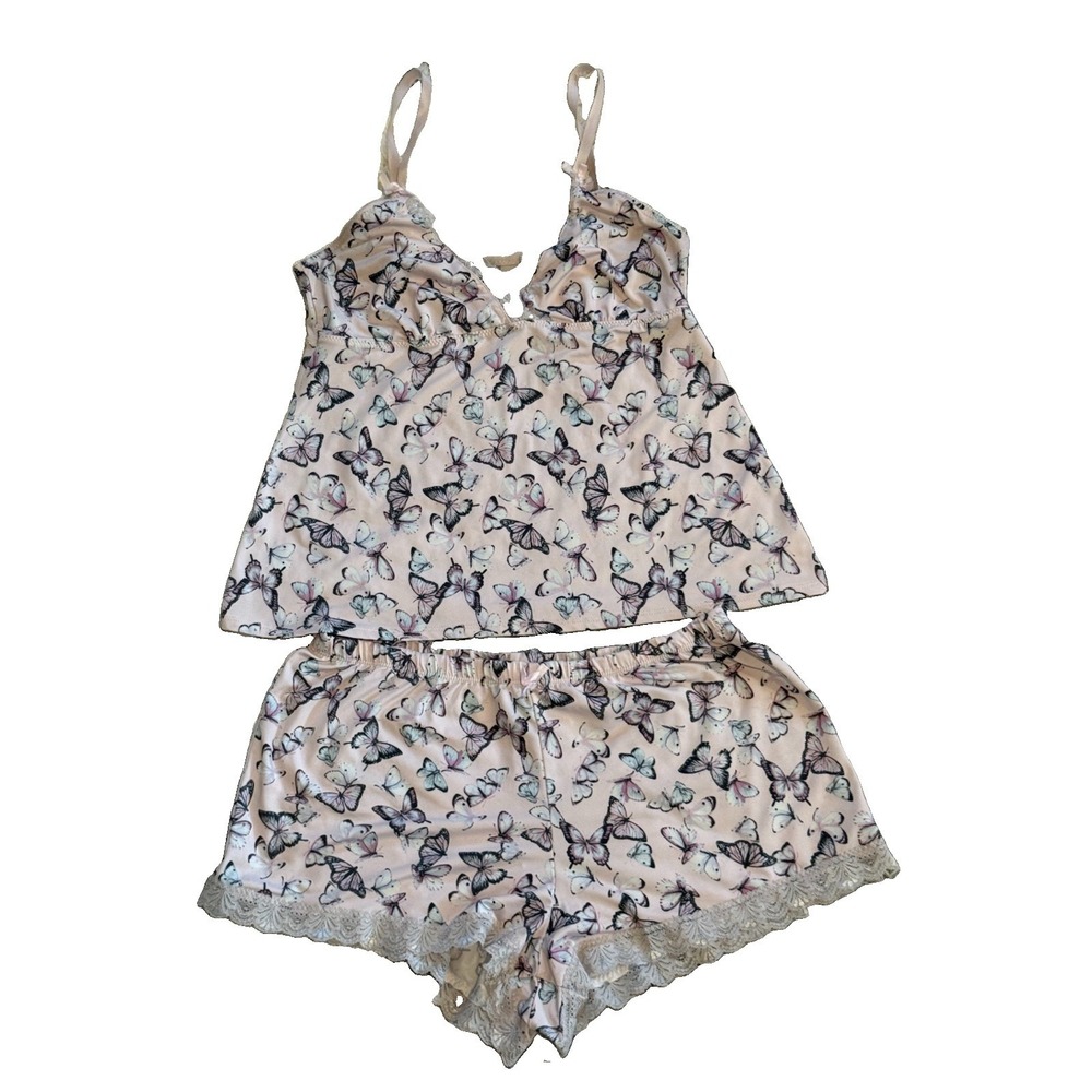 Laura Ashley Sleepwear Set S Pastel Butterfly Cami Shorts Lace Cottagecore